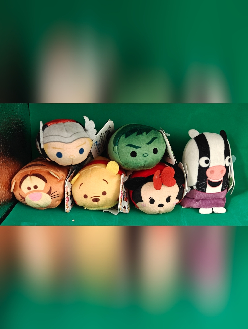 Lot Of Six Mini Tsum Tsum Plushies: Minnie,Zoe Zebra, Winnie,Tigger,Hulk&Thor